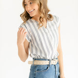 Madison Striped V-neck Short Sleeve Flowy Top