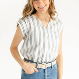 Madison Striped V-neck Short Sleeve Flowy Top