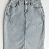 Maelia Distressed Denim Midi Skirt