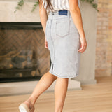 Maelia Distressed Denim Midi Skirt
