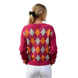 DIAMOND PATTERN Round-Neck Long-Sleeve Cardigan Jacket
