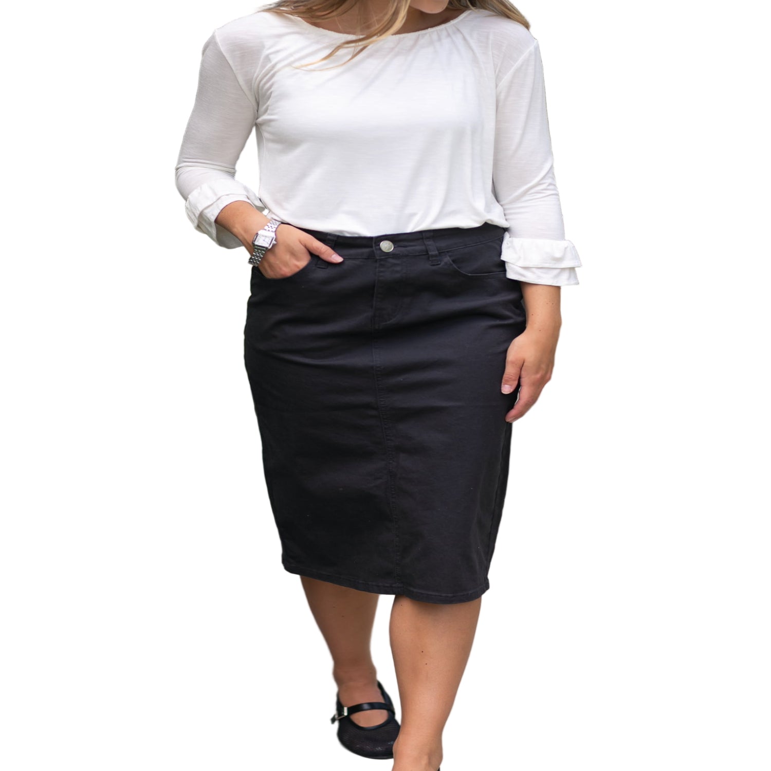 Remi Onyx Black Denim Midi Skirt