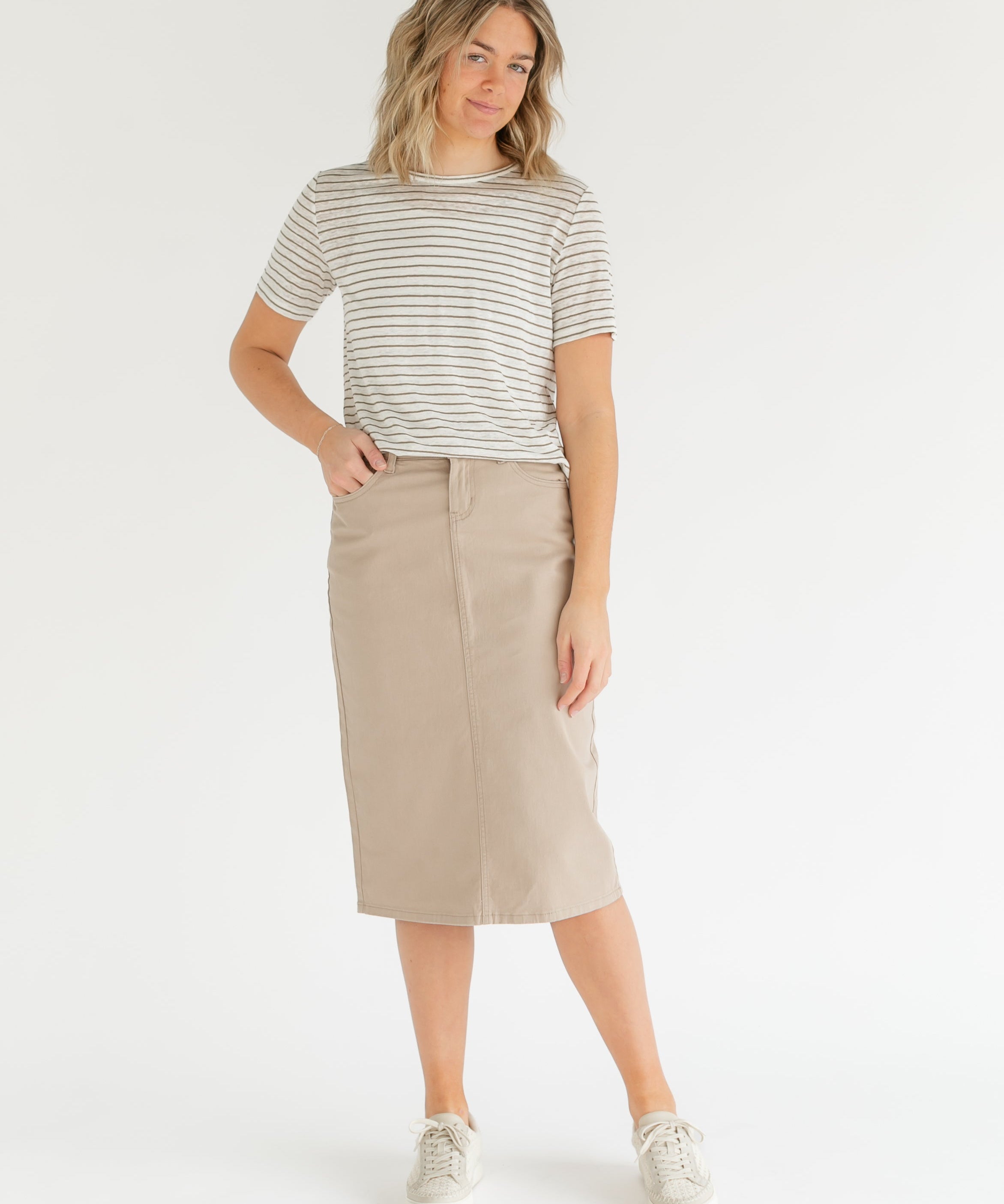 Remi Simply Taupe Denim Midi Skirt