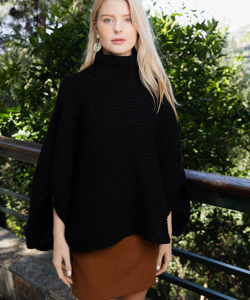 SnugStyle Turtleneck Ribbed Knit Poncho with Armholes
