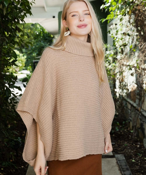 SnugStyle Turtleneck Ribbed Knit Poncho with Armholes