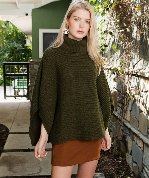 SnugStyle Turtleneck Ribbed Knit Poncho with Armholes