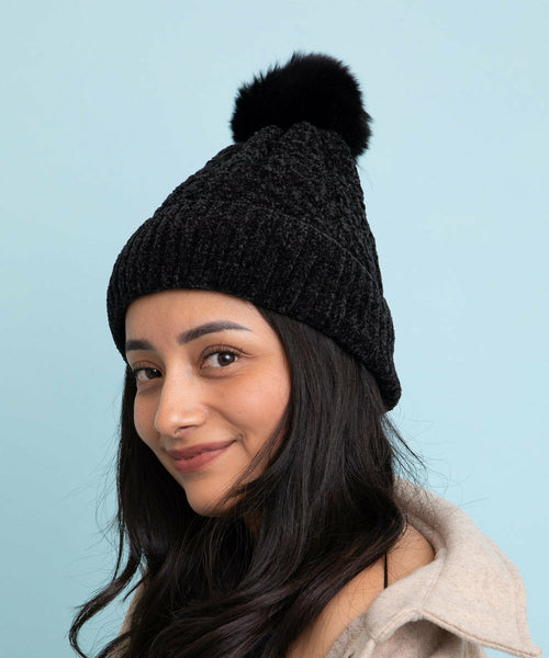Velvet Cable Knit Pom Beanie