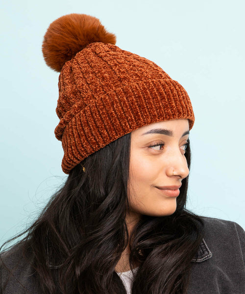 Velvet Cable Knit Pom Beanie