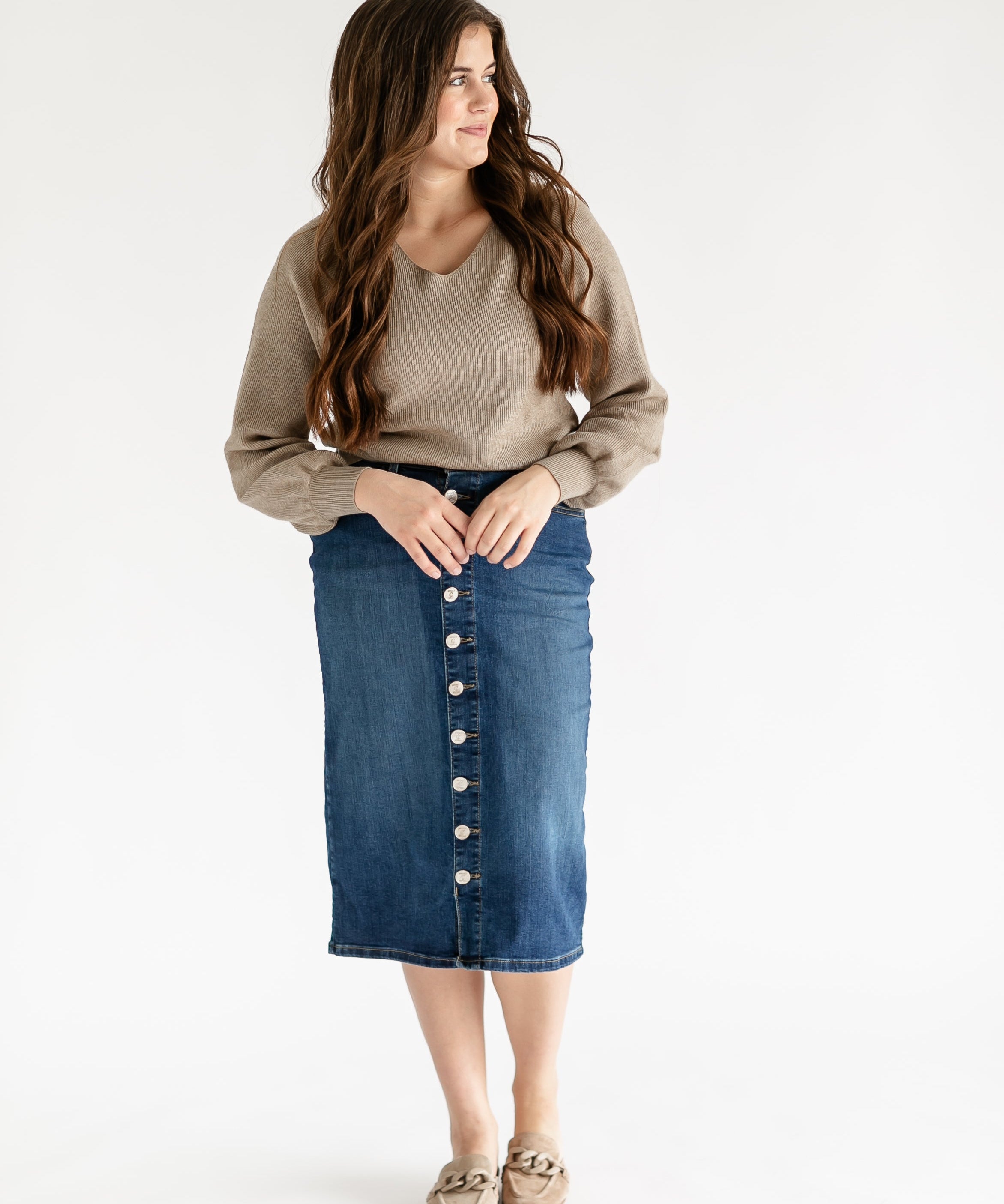 Zana Front Button Denim Midi Skirt