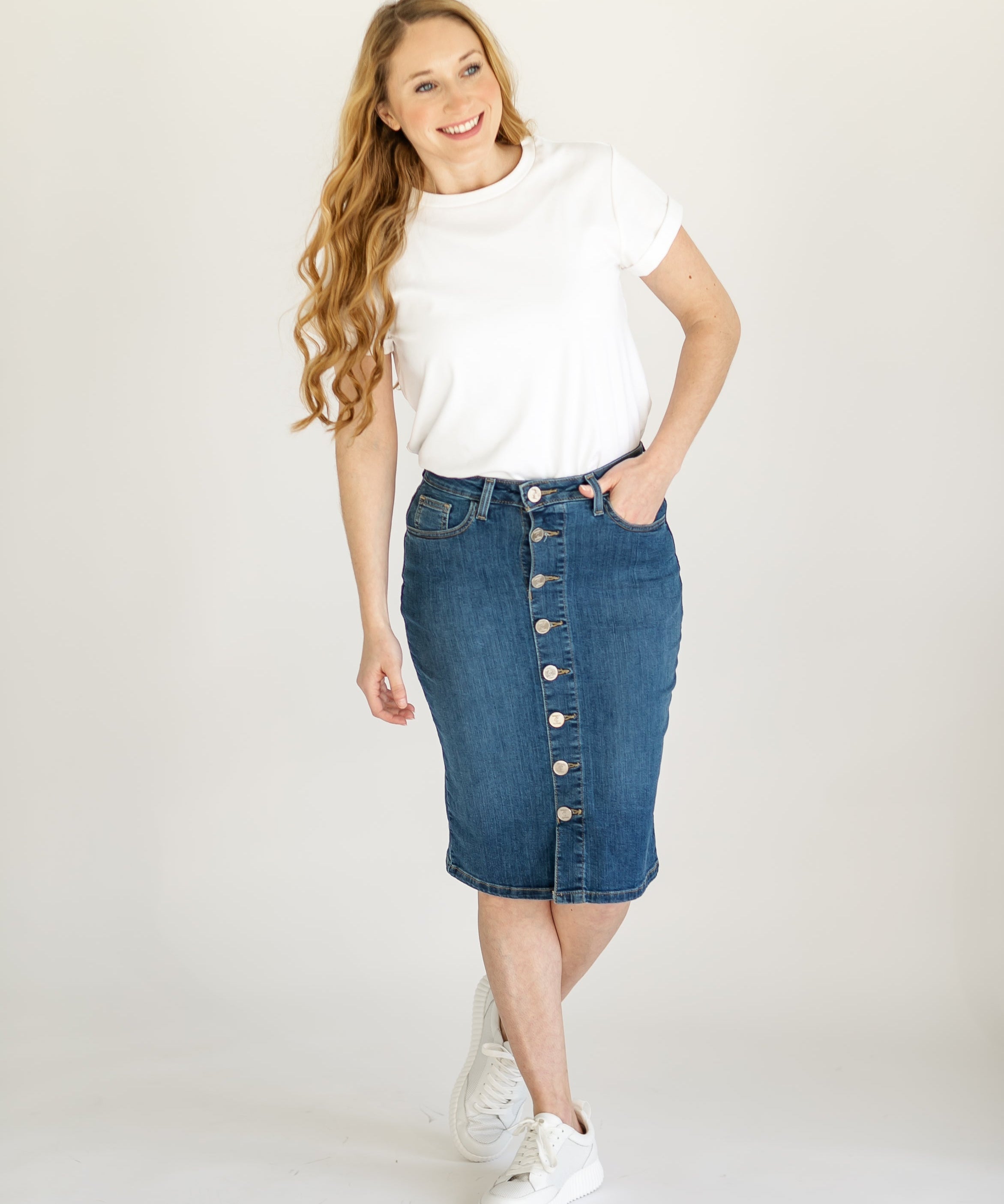 Zana Front Button Denim Midi Skirt