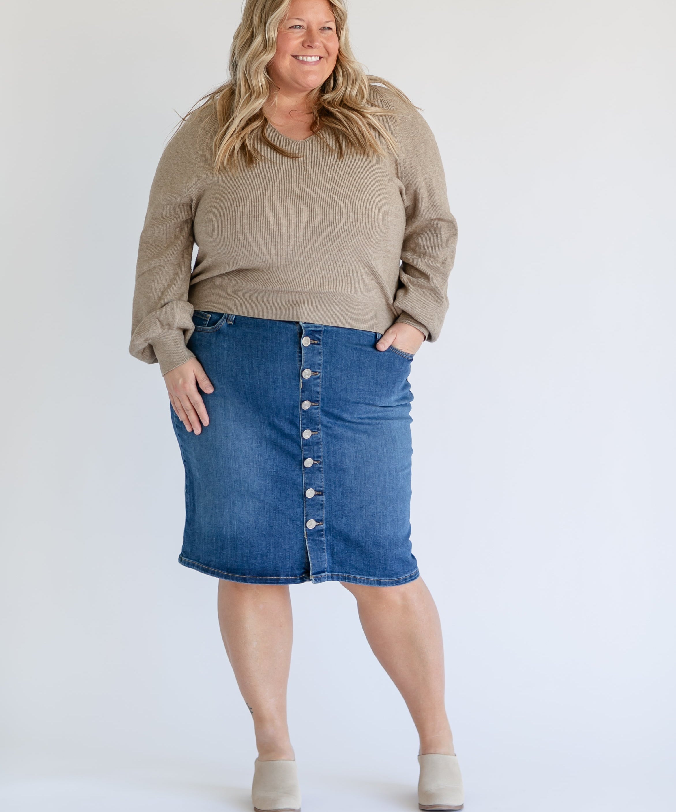 Zana Front Button Denim Midi Skirt